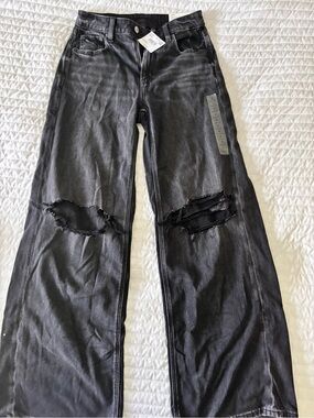 American Eagle Outfitters Black Distressed Wide-Leg Jeans